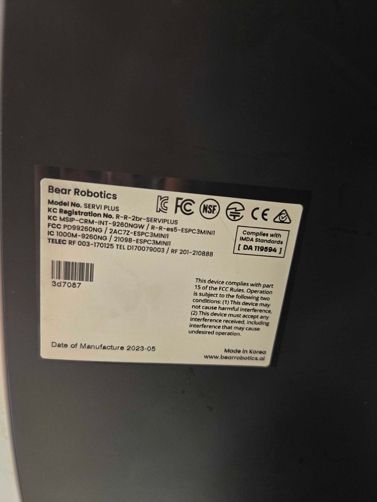 Bear Robotics Servi+ - pennybot-3d7087 - serial number label